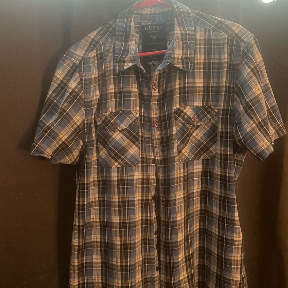 EUC GUESS MENS Cotton Plaid Button Down Short sleeve Shirt SZ XL